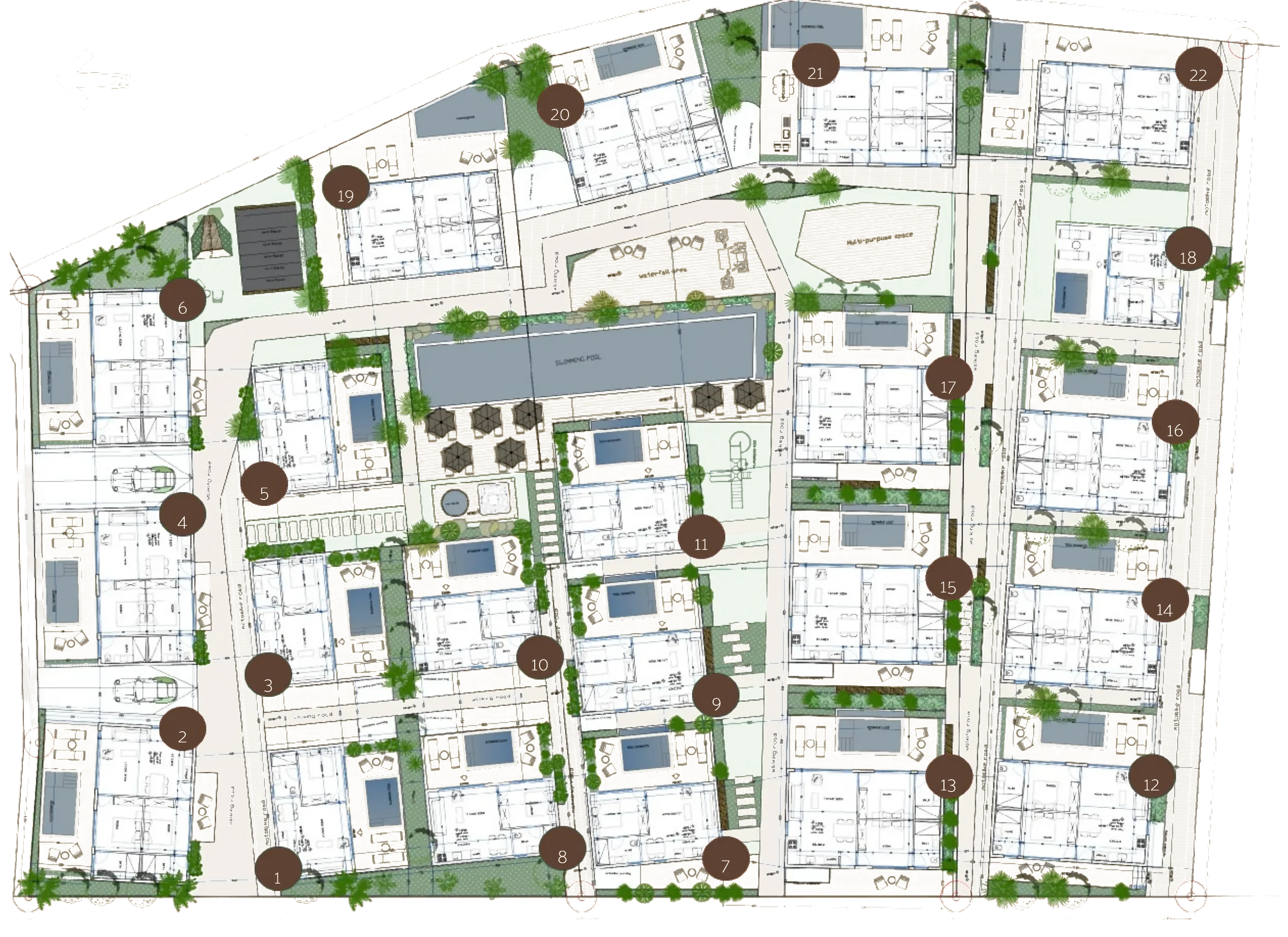 Bána Villa master plan with the 22 numbered villa lots, garden paths and the shared pool