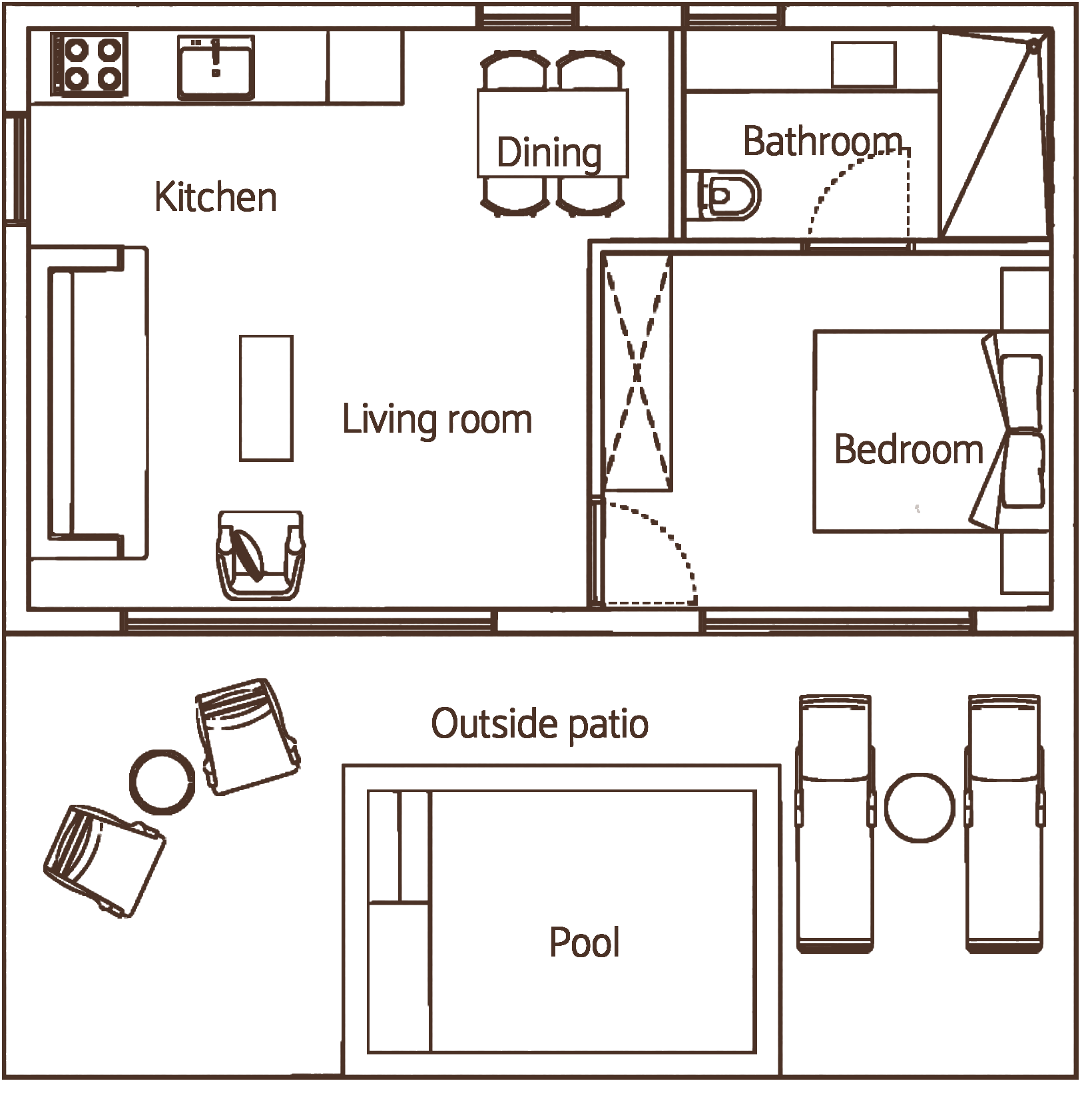 Villa 1B floor plan: living room, kitchen, dining, bedroom, bath, patio and pool