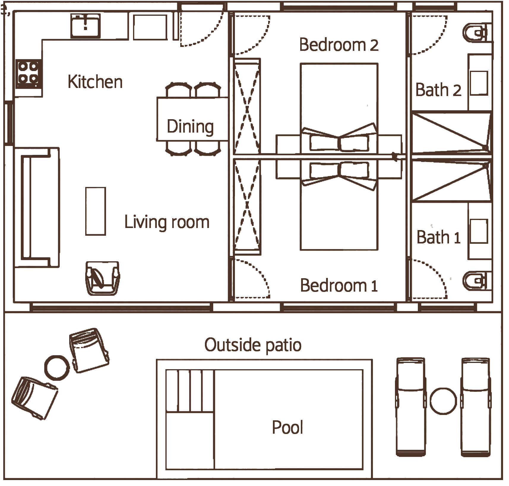 תוכנית קומה של Villa 2B: סלון, מטבח, פינת אוכל, חדרי שינה, חדרי רחצה, פטיו ובריכה
